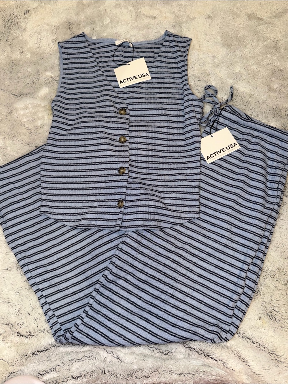 Active USA Light Blue and Black Striped Buttoned Sleeveless Shirt